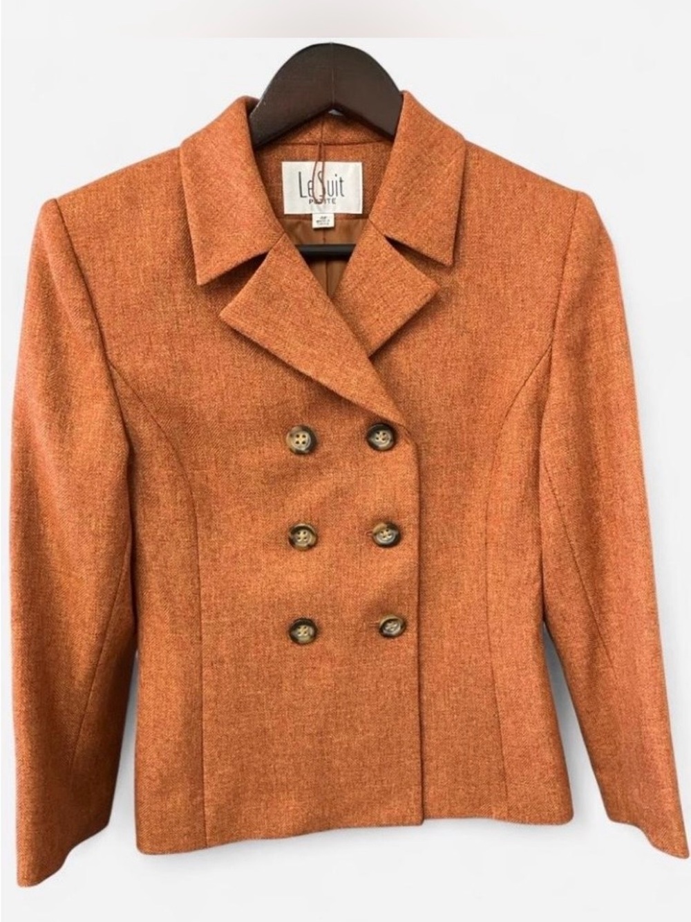 Le Suit Petite Double-Breasted Orange Tweed Blazer Suit Set Size 4P